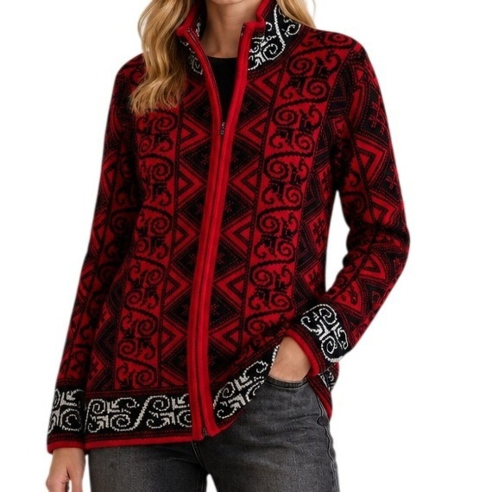 VTG Baltic Inspirations Red Black Nordic Zip Up Wool Sweater Women's XL